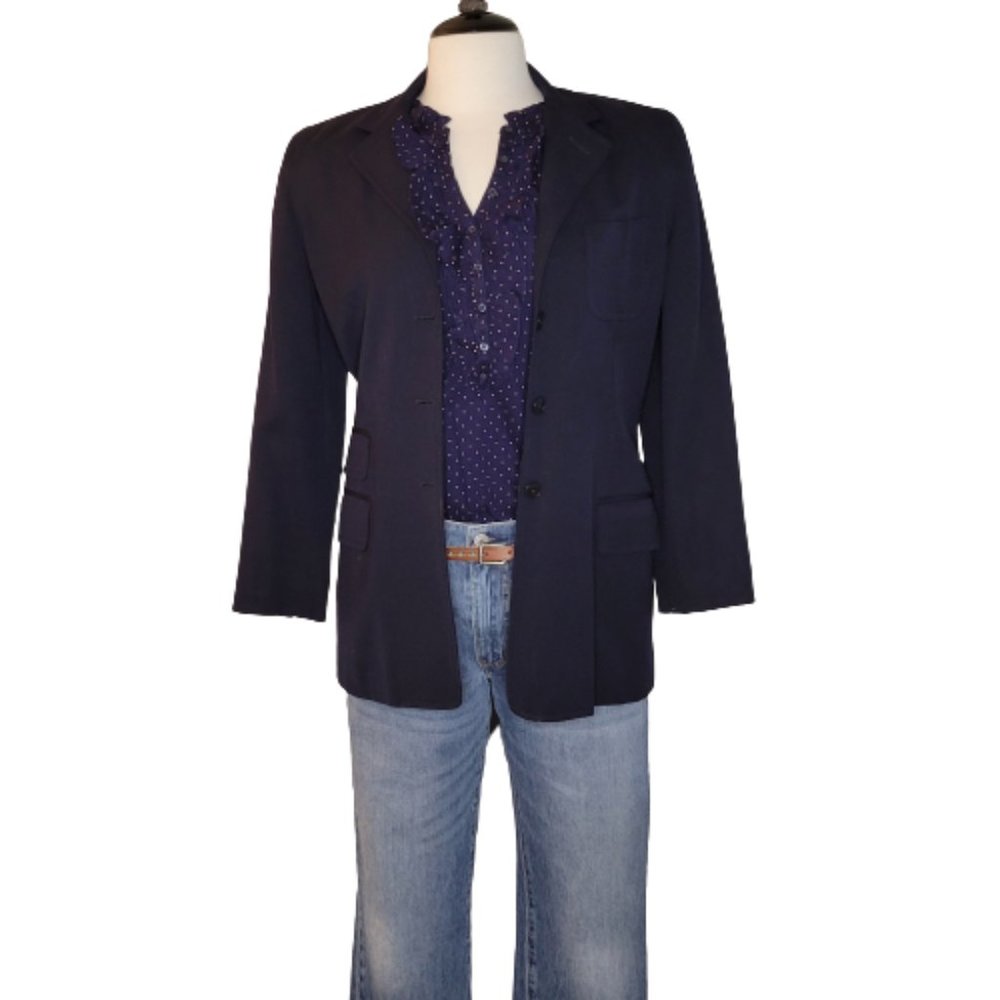 LOFT Navy Poka Dot Ruffle Neck LS Top, Size M, NWOT - Picture 2 of 11